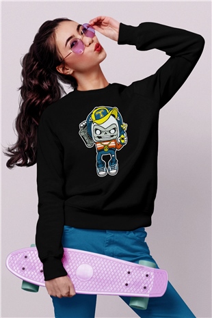 Task Master Skull Boombox Baskılı Unisex Siyah Sweatshirt