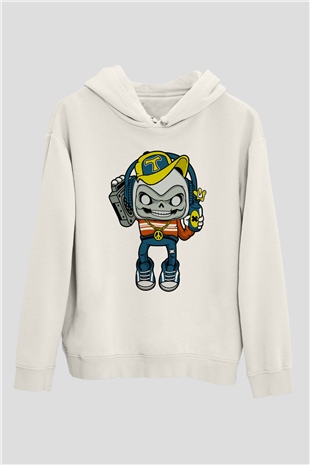 Task Master Skull Boombox Baskılı Unisex Beyaz Hoodie