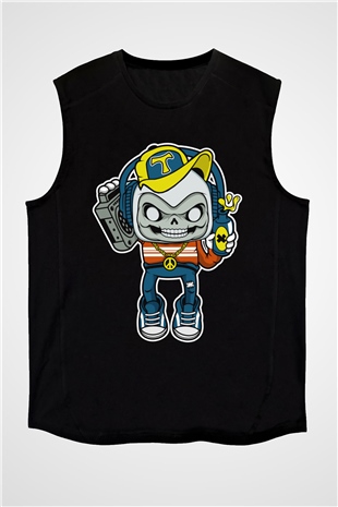 Task Master Skull Boombox Baskılı Unisex Siyah Kolsuz Tişört