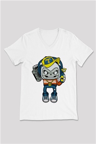 Task Master Skull Boombox Baskılı Unisex Beyaz V Yaka Tişört