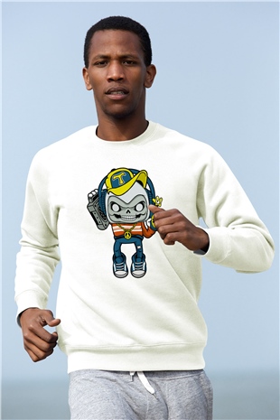 Task Master Skull Boombox Baskılı Unisex Beyaz Sweatshirt