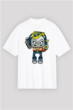 Task Master Skull Boombox Baskılı Unisex Beyaz Oversize Tişört