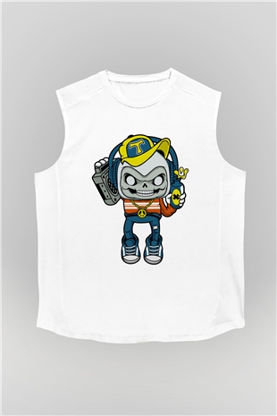 Task Master Skull Boombox Baskılı Unisex Beyaz Kolsuz Tişört