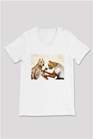 Tatoo Pitbull Baskılı Unisex Beyaz  V Yaka Tişört