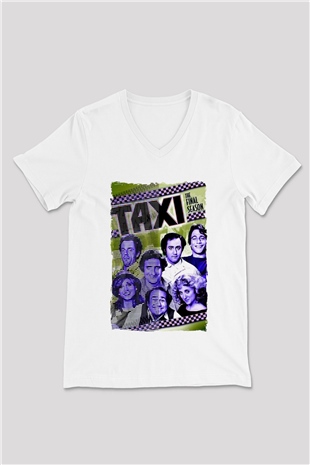 Taxi Beyaz Unisex  V Yaka Tişört