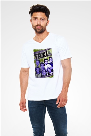 Taxi Beyaz Unisex  V Yaka Tişört