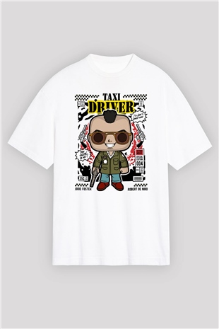 Taxi Driver Baskılı Unisex Beyaz Oversize Tişört