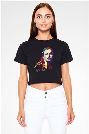 Taylor Swift Baskılı Baskılı Siyah Crop Top Kadın Tişört - Tshirt