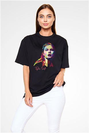 Taylor Swift Baskılı Baskılı Unisex Siyah Oversize Tişört - Tshirt