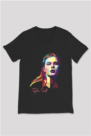 Taylor Swift Baskılı Baskılı Unisex Siyah V Yaka Tişört - Tshirt