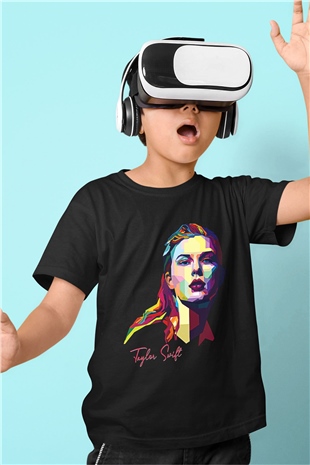 Taylor Swift Baskılı Baskılı Unisex Siyah Çocuk Tişört - Tshirt