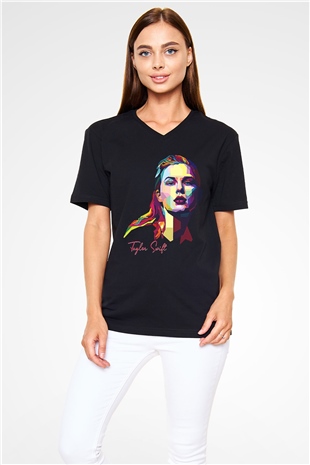 Taylor Swift Baskılı Baskılı Unisex Siyah V Yaka Tişört - Tshirt