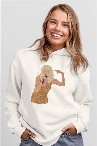 Taylor Swift Baskılı Beyaz Unisex Kapüşonlu Sweatshirt