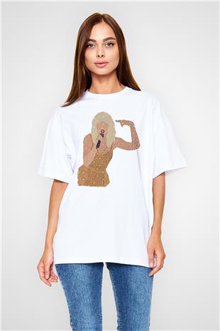 Taylor Swift Baskılı Beyaz Unisex Oversize Tişört - Tshirt