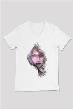 Taylor Swift Baskılı Beyaz Unisex V Yaka Tişört - Tshirt