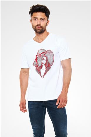 Taylor Swift Baskılı Beyaz Unisex V Yaka Tişört - Tshirt