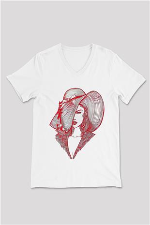 Taylor Swift Baskılı Beyaz Unisex V Yaka Tişört - Tshirt
