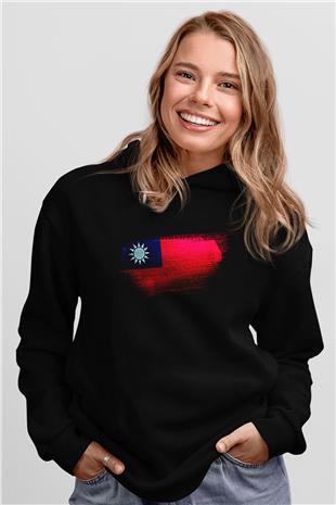 Tayvan - Taiwan Bayrağı Baskılı Unisex Siyah Kapüşonlu Sweatshirt