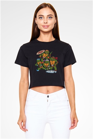 Teenage Mutant Ninja Turtles Ninja Kaplumbağalar Siyah Crop Top Tişört