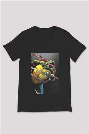 Teenage Mutant Ninja Turtles Ninja Kaplumbağalar Siyah Unisex V Yaka Tişört