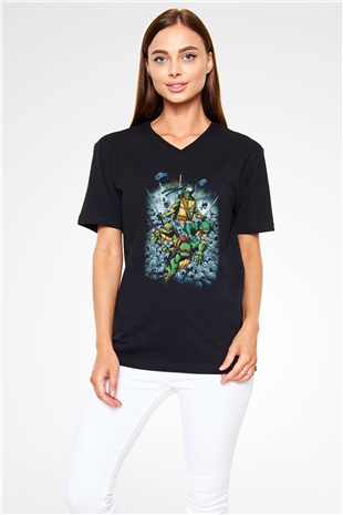 Teenage Mutant Ninja Turtles Ninja Kaplumbağalar Siyah Unisex V Yaka Tişört