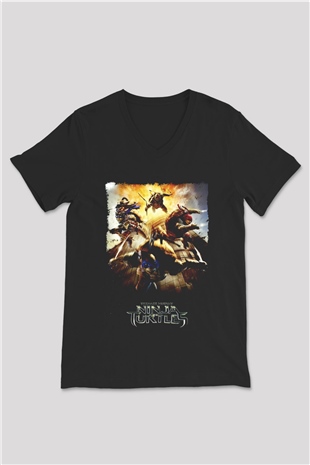 Teenage Mutant Ninja Turtles Ninja Kaplumbağalar Siyah Unisex  V Yaka Tişört