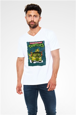 Teenage Mutant Ninja Turtles Ninja Kaplumbağalar Beyaz Unisex V Yaka Tişört