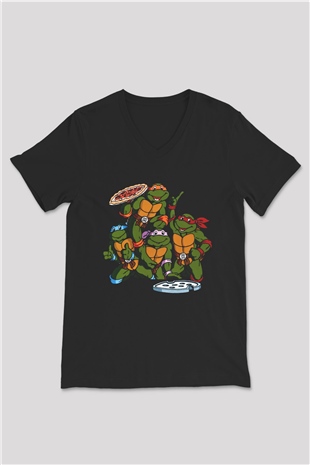 Teenage Mutant Ninja Turtles Ninja Kaplumbağalar Siyah Unisex V Yaka Tişört
