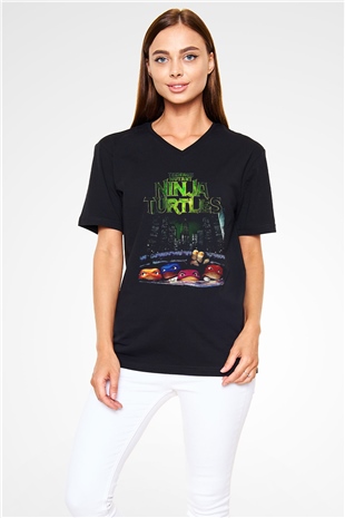 Teenage Mutant Ninja Turtles Ninja Kaplumbağalar Siyah Unisex  V Yaka Tişört