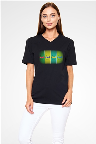 Teenage Mutant Ninja Turtles Ninja Kaplumbağalar Siyah Unisex V Yaka Tişört