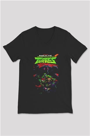 Teenage Mutant Ninja Turtles Ninja Kaplumbağalar Siyah Unisex V Yaka Tişört