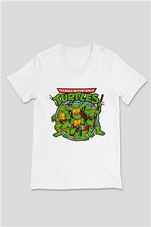 Teenage Mutant Ninja Turtles Ninja Kaplumbağalar Beyaz Unisex  V Yaka Tişört