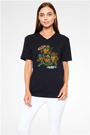 Teenage Mutant Ninja Turtles Ninja Kaplumbağalar Siyah Unisex V Yaka Tişört