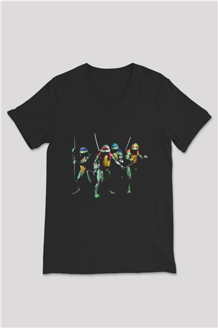 Teenage Mutant Ninja Turtles Ninja Kaplumbağalar Siyah Unisex  V Yaka Tişört