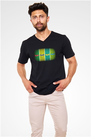 Teenage Mutant Ninja Turtles Ninja Kaplumbağalar Siyah Unisex V Yaka Tişört
