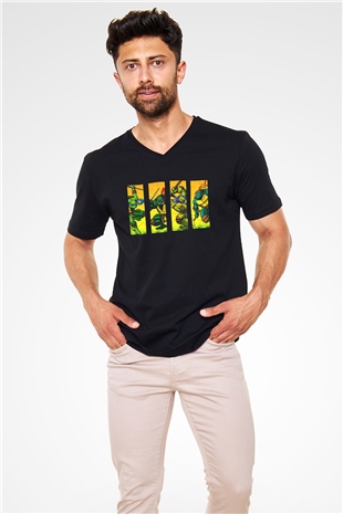 Teenage Mutant Ninja Turtles Ninja Kaplumbağalar Siyah Unisex V Yaka Tişört