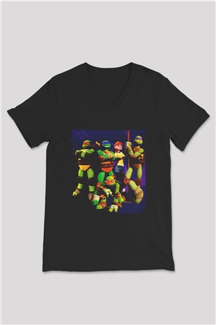 Teenage Mutant Ninja Turtles Ninja Kaplumbağalar Siyah Unisex V Yaka Tişört