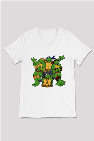 Teenage Mutant Ninja Turtles Ninja Kaplumbağalar Beyaz Unisex  V Yaka Tişört