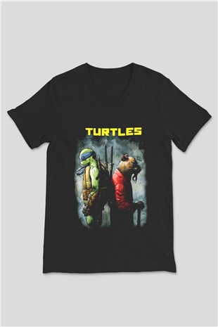 Teenage Mutant Ninja Turtles Ninja Kaplumbağalar Siyah Unisex V Yaka Tişört