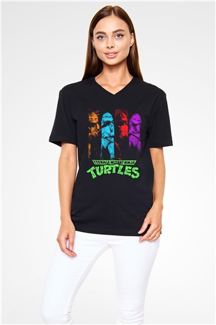 Teenage Mutant Ninja Turtles Ninja Kaplumbağalar Siyah Unisex  V Yaka Tişört