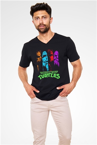 Teenage Mutant Ninja Turtles Ninja Kaplumbağalar Siyah Unisex  V Yaka Tişört