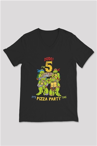 Teenage Mutant Ninja Turtles Ninja Kaplumbağalar Siyah Unisex  V Yaka Tişört