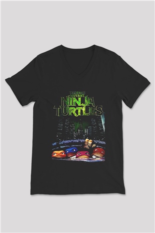Teenage Mutant Ninja Turtles Ninja Kaplumbağalar Siyah Unisex  V Yaka Tişört