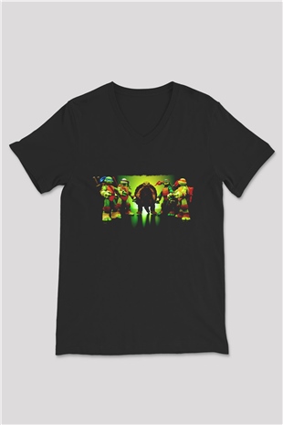 Teenage Mutant Ninja Turtles Ninja Kaplumbağalar Siyah Unisex  V Yaka Tişört