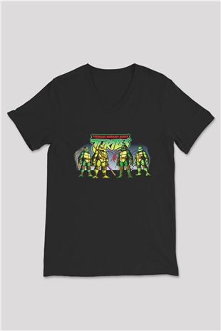 Teenage Mutant Ninja Turtles Ninja Kaplumbağalar Siyah Unisex V Yaka Tişört