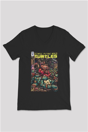 Teenage Mutant Ninja Turtles Ninja Kaplumbağalar Siyah Unisex V Yaka Tişört
