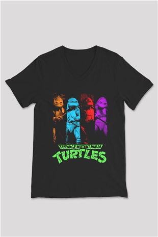 Teenage Mutant Ninja Turtles Ninja Kaplumbağalar Siyah Unisex  V Yaka Tişört