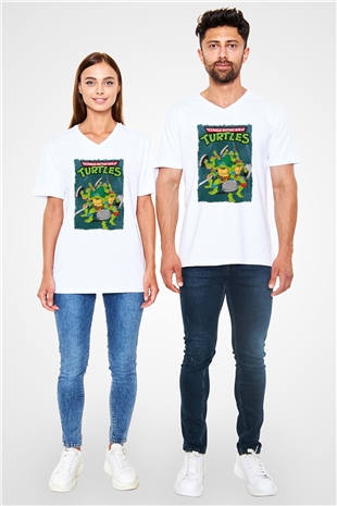 Teenage Mutant Ninja Turtles Ninja Kaplumbağalar Beyaz Unisex V Yaka Tişört