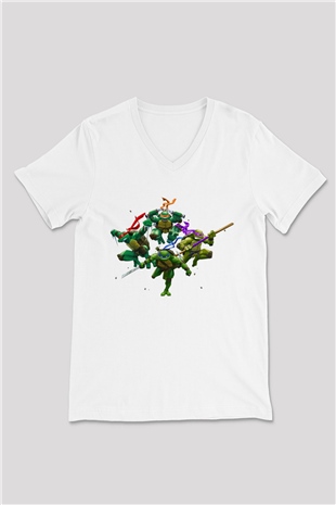 Teenage Mutant Ninja Turtles Ninja Kaplumbağalar Beyaz Unisex  V Yaka Tişört