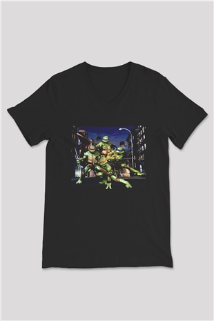 Teenage Mutant Ninja Turtles Ninja Kaplumbağalar Siyah Unisex  V Yaka Tişört